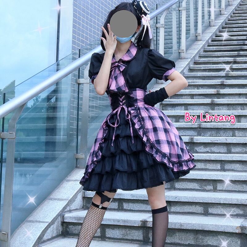 With U 病み可愛い ゴスロリ ワンピ ピンク チェック柄 編上げ リボン アイドル衣装 コスチューム ストリート系 原宿系 地雷系 10代 代 ゴスロリ服 病み服 ゴスロリファッション With U