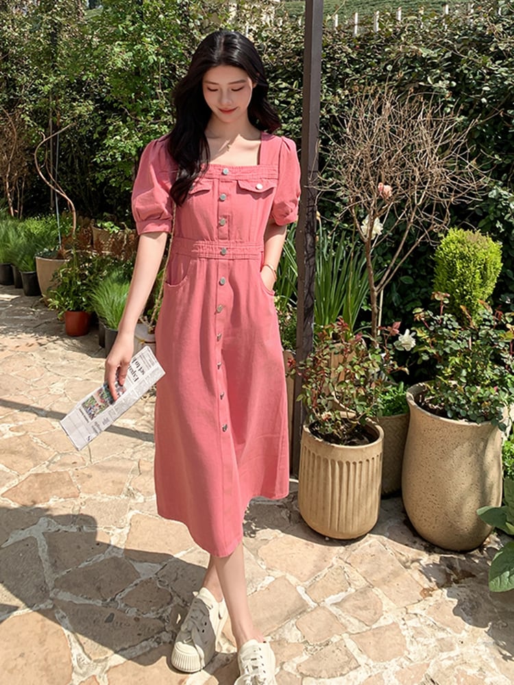 大人可愛いくすみカラーピンクスクエアネックワンピース