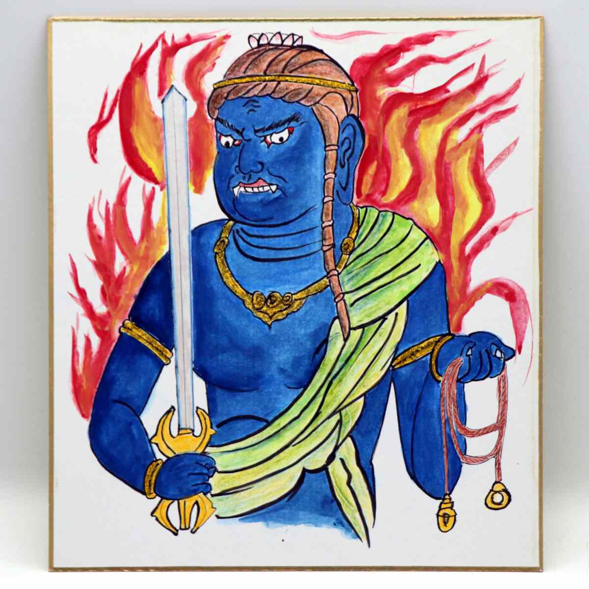 作家不明・不動明王・色紙絵・額入・No.200708-332・梱包サイズ100