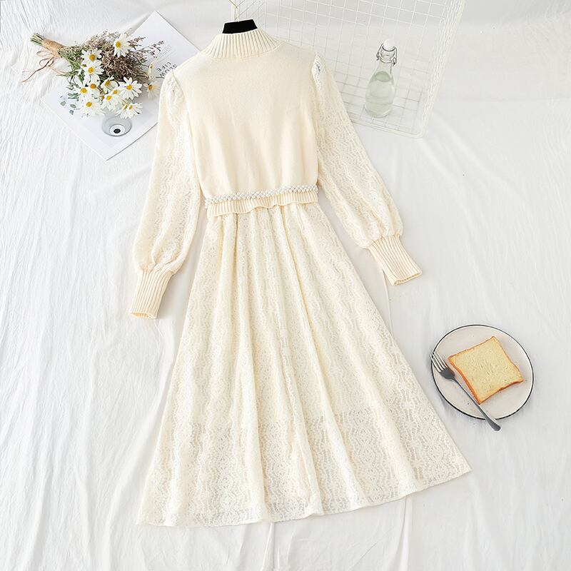 切り替えワンピース レディース レース ワンピース 長袖 ワンピース ロング ワンピース 切り替え レースワンピース ロングワンピース 長袖 ニット ワンピース ロング ミモレ丈 ロング丈 ハイネック ウエストマーク 春新作 春 春服 新作 アプリコット 白 ベージュ P8158