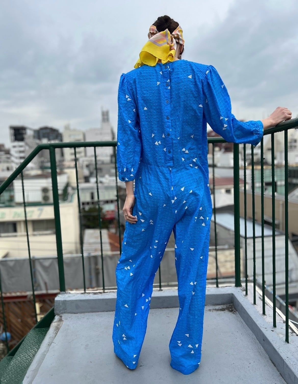 80s blue × white triangle poly jumpsuits ( ヴィンテージ ブルー