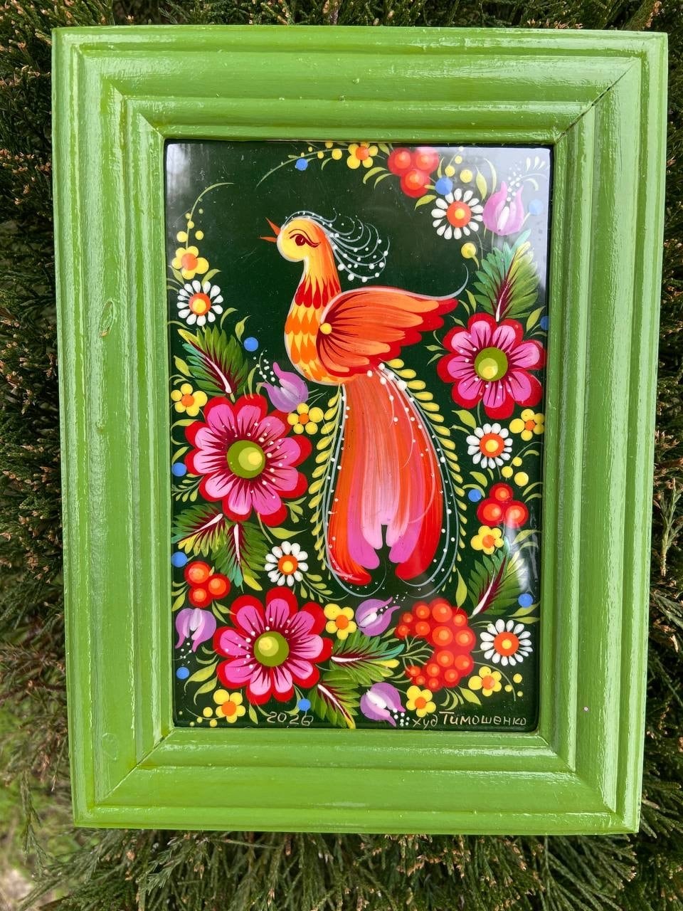 幸せの鳥】ペトリキフカ塗り 壁掛け手描きアートパネル