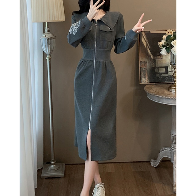 Zip Hoodie Sweat Dress Long Gray 30046