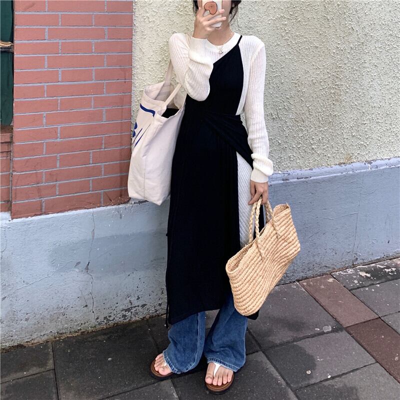 スーツウィメンズ2020年初秋新バージョン、スラントショルダーブラックサスペンダースカート+ルーズニットスカート内側 クレセントシティ42825803811