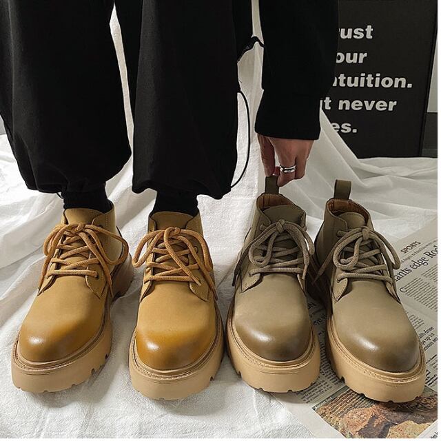 【予約販売】ブーツ メンズ 艶 マット 靴 ベージュ オークル お洒落 韓国 トレンド カジュアル 24cm/24.5cm/25cm/25.5cm/26cm/26.5cm/27cm