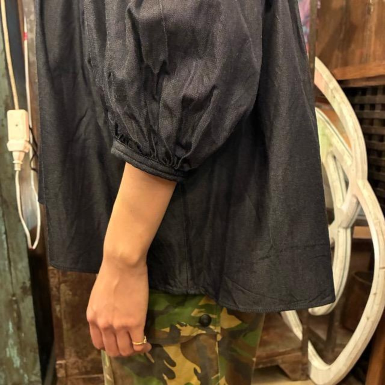 UNIVERSAL TISSU 5.4oz Denim Band Collar Blouse, Shirt, Outerwear, Cotton, Linen