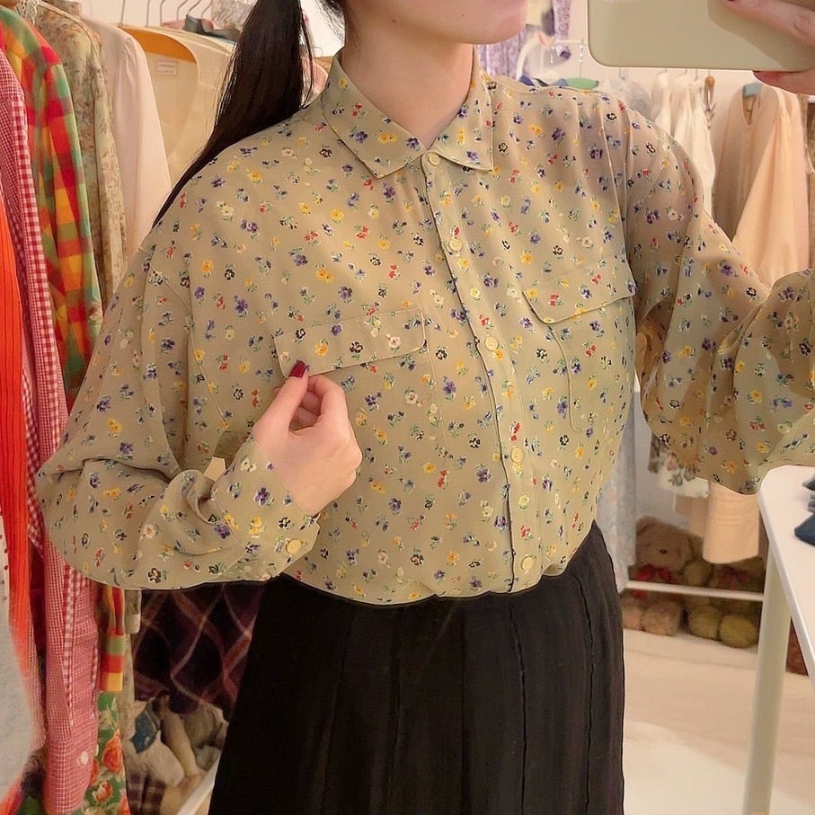 yellow purple mini flower sheer blouse