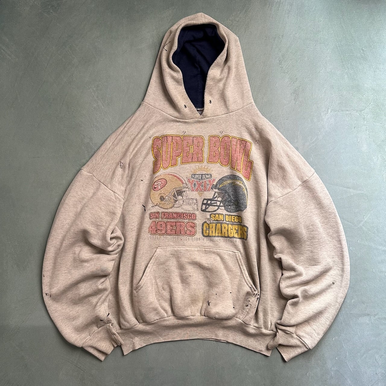 90s USA製 ボロ 染み込みプリント NFL パーカー フーディー 霜降り