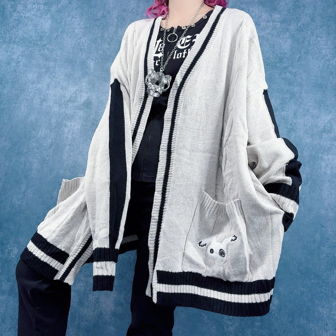 タグつき未使用Knit Cardigan,Knit Pullover36 X-girl - COLLAGE GRAPHIC JACQUARD KNIT CARDIGAN / パープル | Tempt