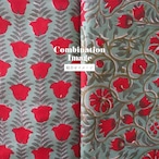 ブロックプリント生地【50cm単位】インド綿 花柄B くすみグリーン×赤 #44390-GR2