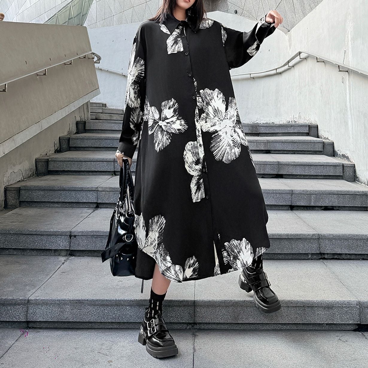 FLOWER PRINT A-LINE LONG SHIRT DRESS 1color M-15620