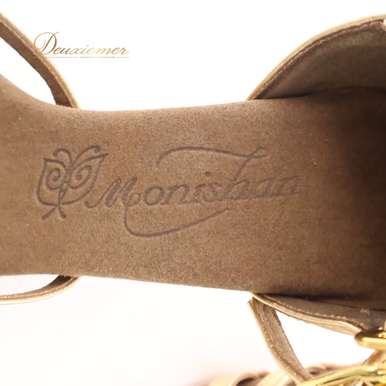 社交ダンス 衣装 Monishan モニシャン 靴 ダンスシューズ ラテン ゴールド系 金 ヒール 光沢 艶 練習 舞台 発表会 イベント レディース 華やか 明るい 輝き 目立つ ベルト