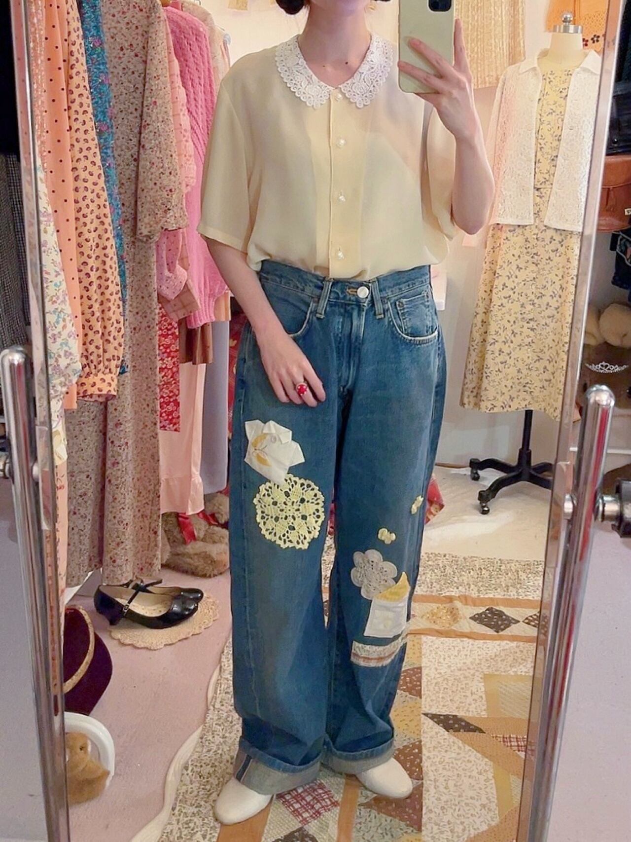 scallop lace collar cream blouse