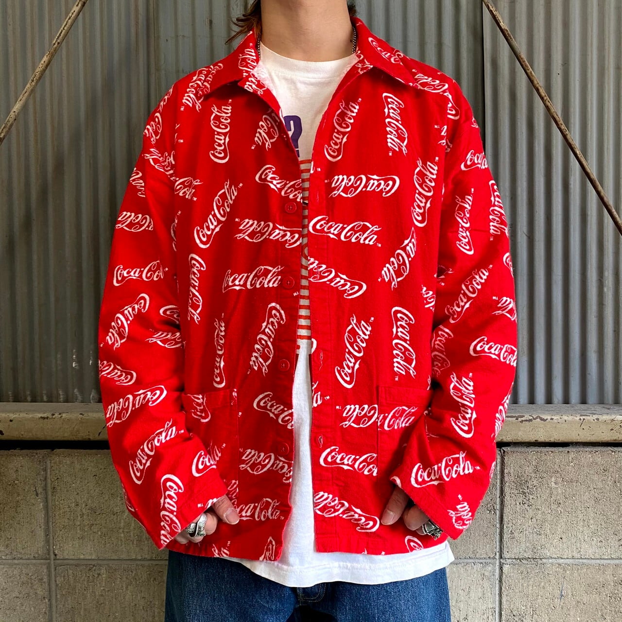鍋*様 希少 90s Coca Cola コカコーラ ボウリングシャツ 開襟 刺 Coca-Cola コカ・コーラ ロゴ プリントネル 長袖 総柄シャツ メンズXL