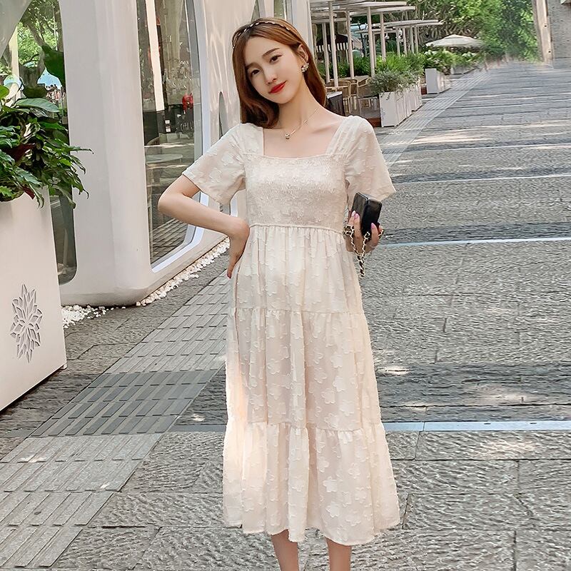 【新作】【送料無料】 マタニティウェア2020夏の新しいシフォンジャカードスクエアネックドレス、トレンディな母親のミドル丈ドレス妊婦-アリババ サマー 夏物 スクウェア expec231416179226