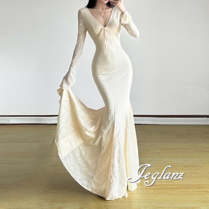 パーティ マキシ ワンピース レース 刺繍 ベルスリーブ マーメイドライン(M8895)ζ