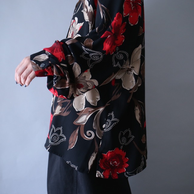 beautiful flower art pattern loose box silhouette open collar shirt