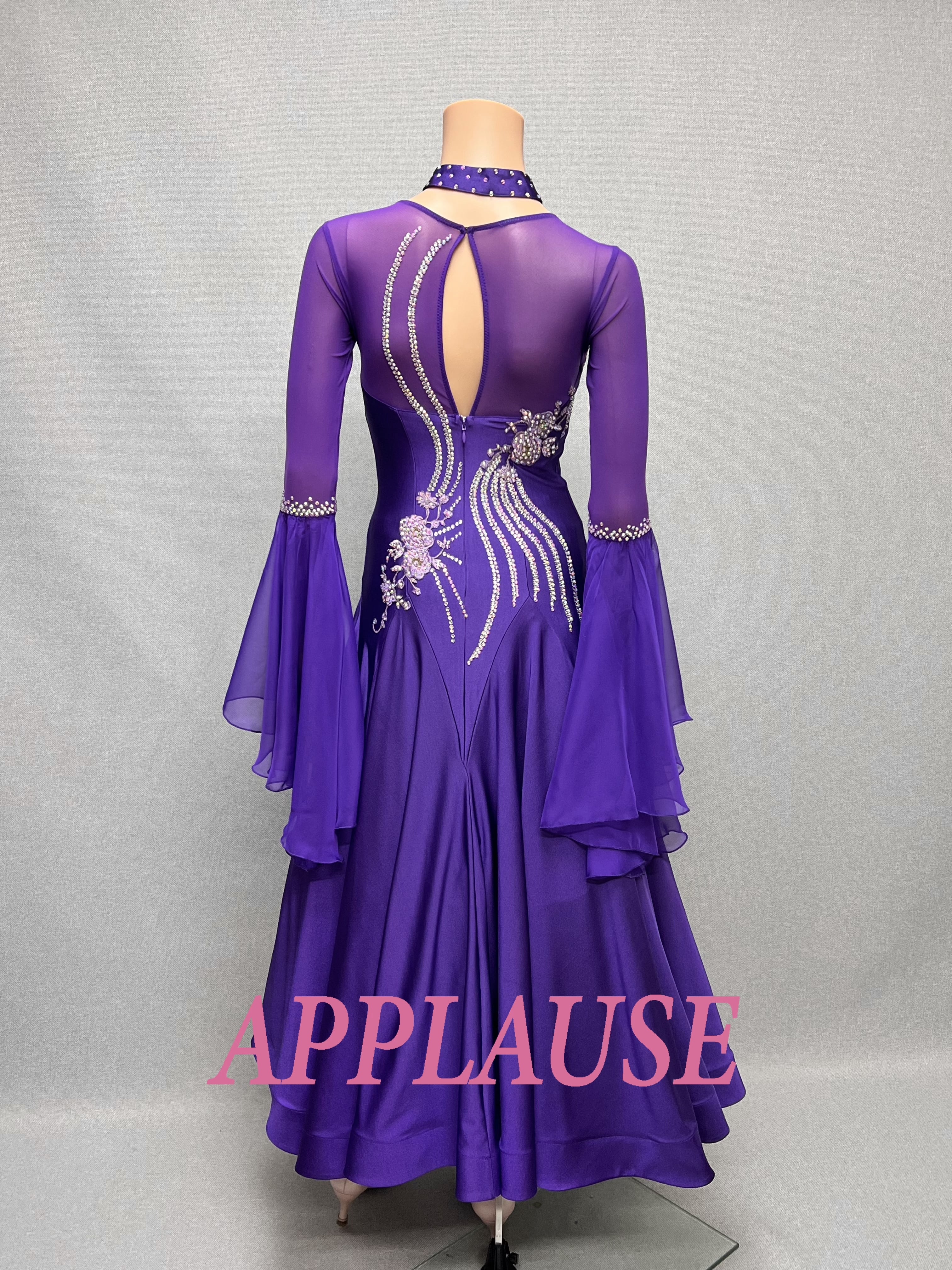 【新着】パーティードレス　社交ダンス ドレス　スタンダード　モダンドレス　パープル（ベルスリーブ）M　ST-25-22　デモ・競技用ドレス　発表会衣装　パーティドレス　ワンピース　舞台衣装