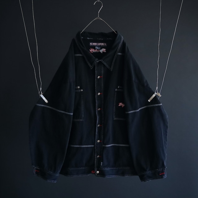 super over silhouette embroidery & stitch design black denim jacket