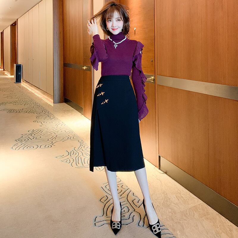 スタンダードメタルバックルスリットハイウェストウェストスカート オータムウィンター レトロ 秋物 冬物 MIUCO89038784804