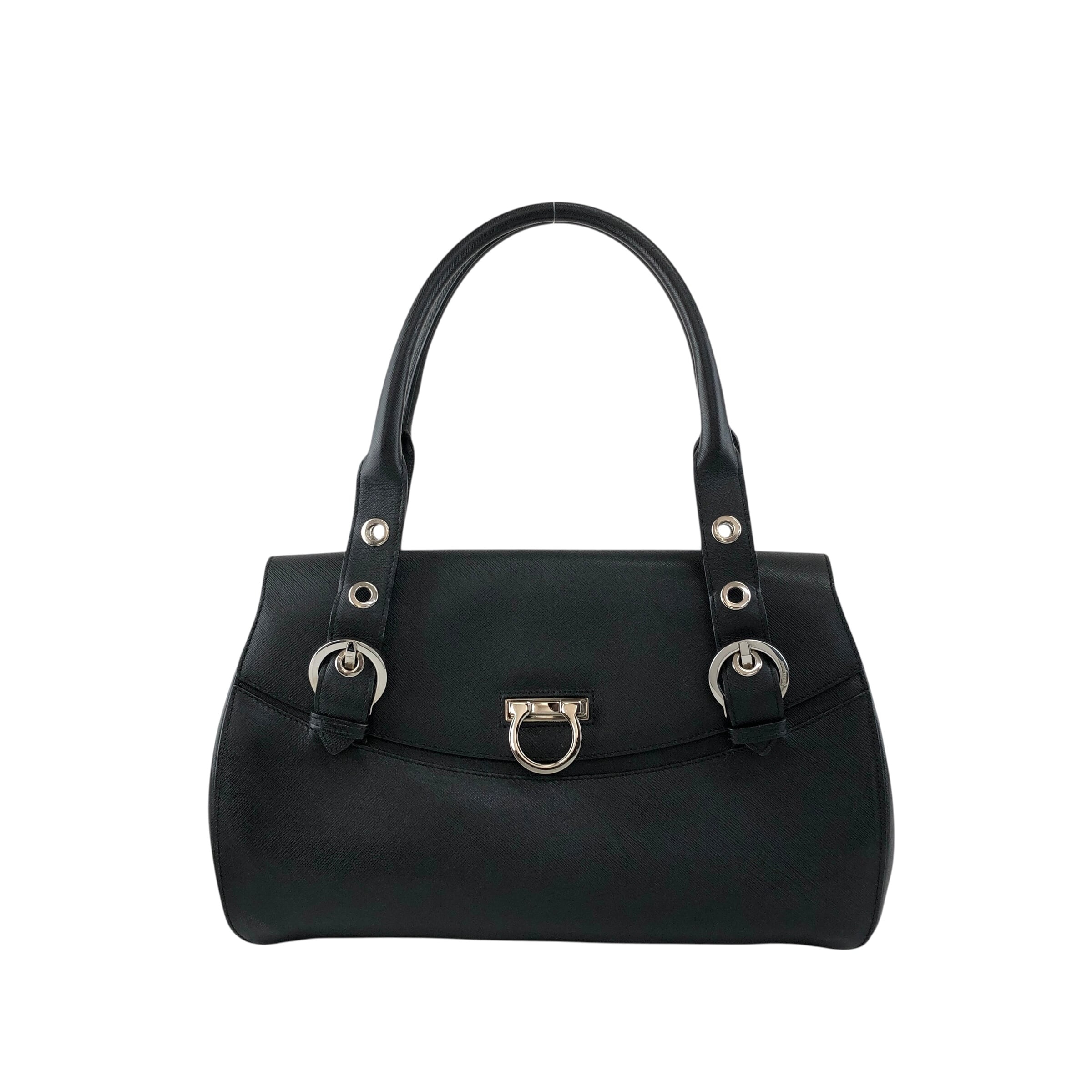 美品 サルバトーレフェラガモ　黒いレザーハンドバッグ ガンチーニ ロゴデザイン Salvatore Ferragamo サルヴァトーレ フェラガモ ハンドバッグ