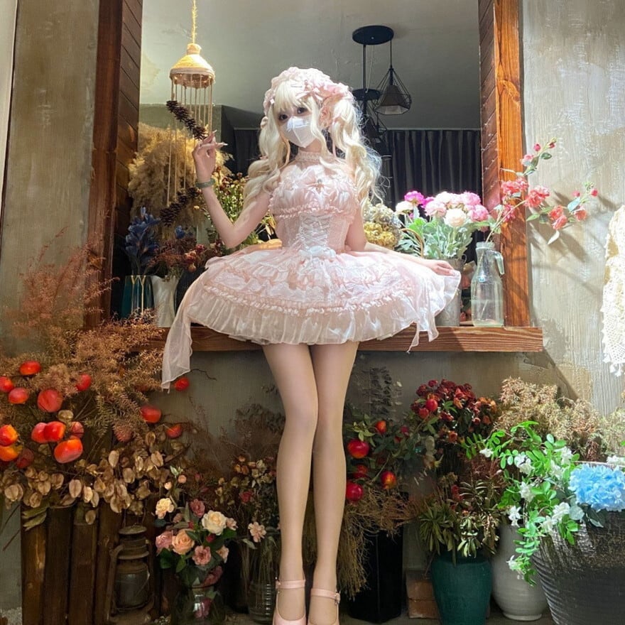 SEASONZ ふわふわアイドル衣装 ホルターネック ジャンパースカート フリル リボン イベント衣装 コンカフェ衣装