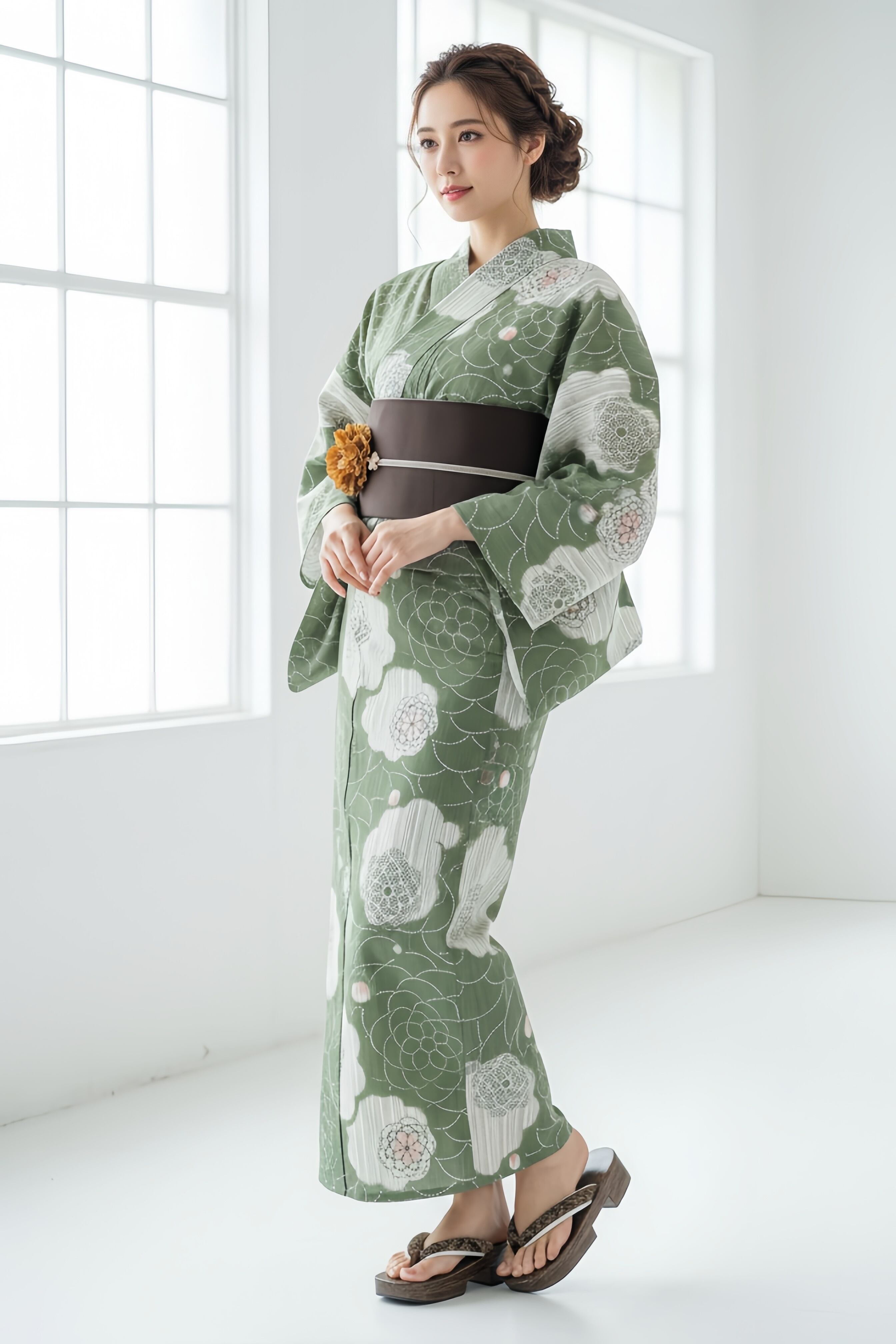 浴衣ジェンヌ 浴衣5点セット 抹茶 菊 着物風浴衣コーデ