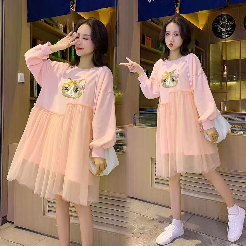 【新作】【送料無料】 8842＃マタニティ服春秋綿長袖ルーズガーゼパッチワークドレス妊婦妊娠服 ロング コットン スプリング 春物 オータム 秋物 AL expec310755660020