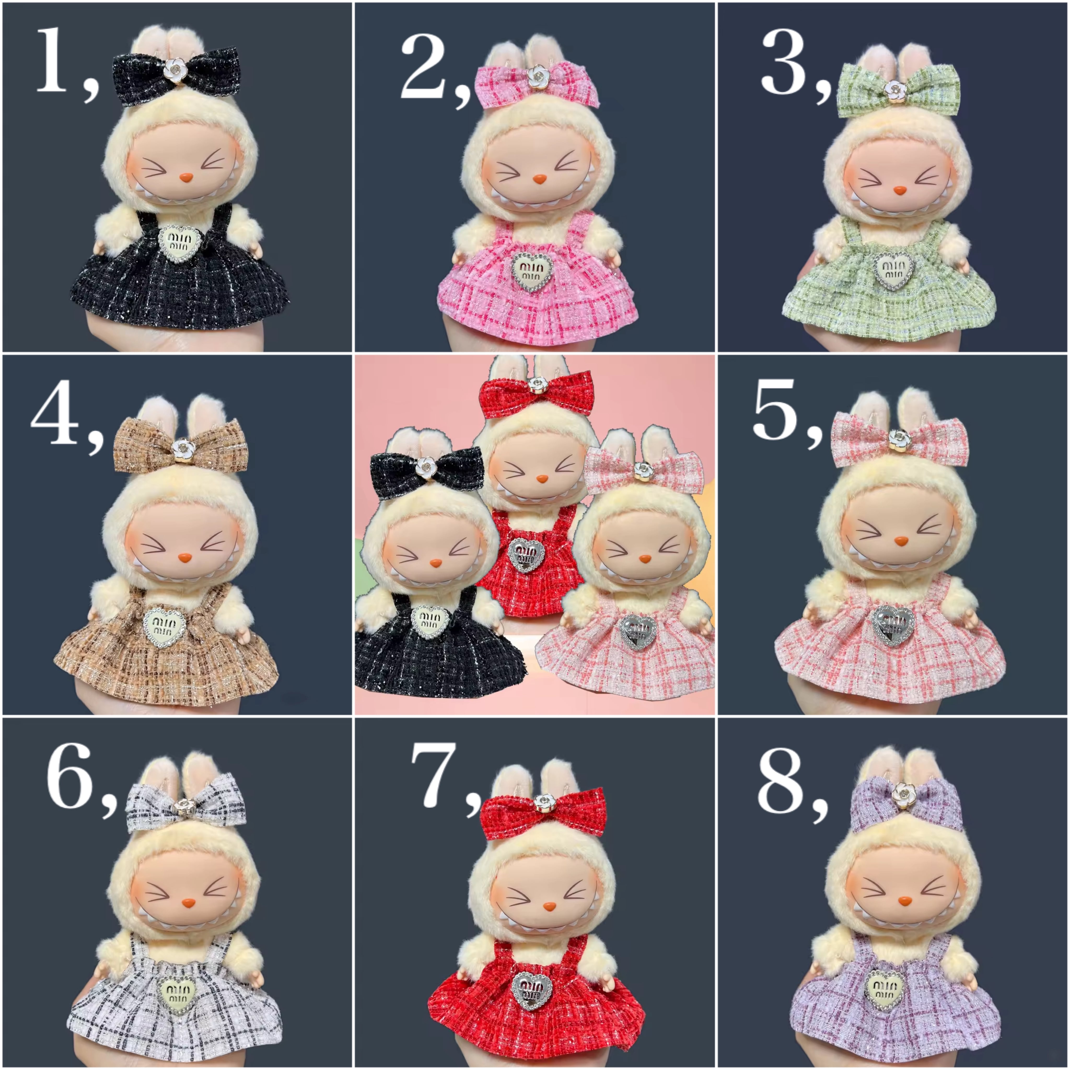 ラブブ（Labubu）ドール用 ツイードワンピース＆リボンセット（全8色