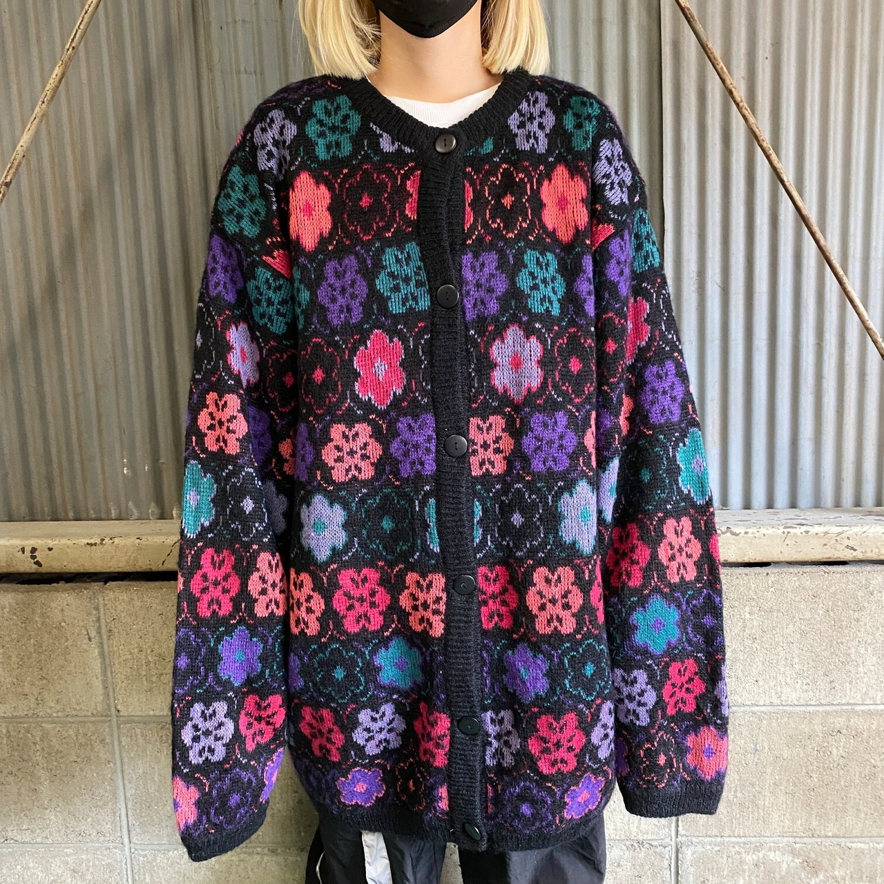 S.K.V.J. 花柄 総柄 ウール×アクリル ニットカーディガン レディースXL 