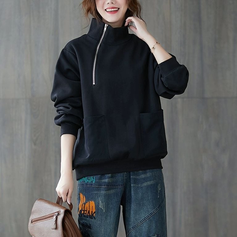 BLACK HIGH NECK HALFZIP DESIGN SWEAT SHIRT 1color M-10399 BLACK HIGH NECK HALFZIP DESIGN SWEAT SHIRT 1color M-10399