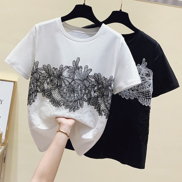 モノトーン刺繍レースTシャツトップス　2398