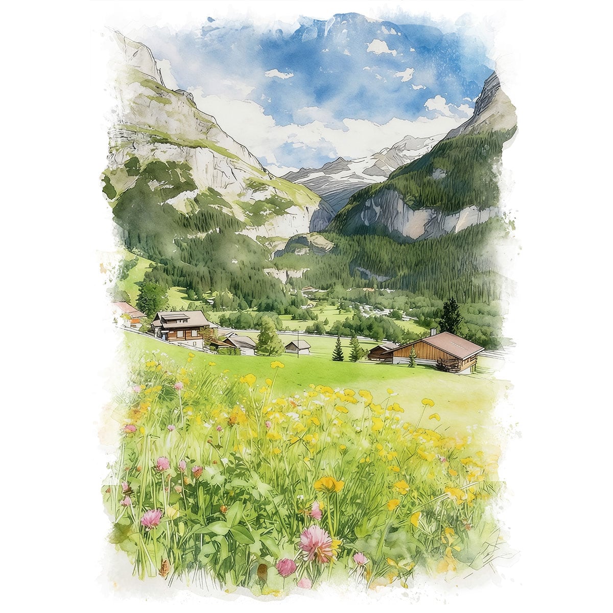 絵画 風景画(街並み) スイス アルプス スヴィッヅェレ山 インテリア