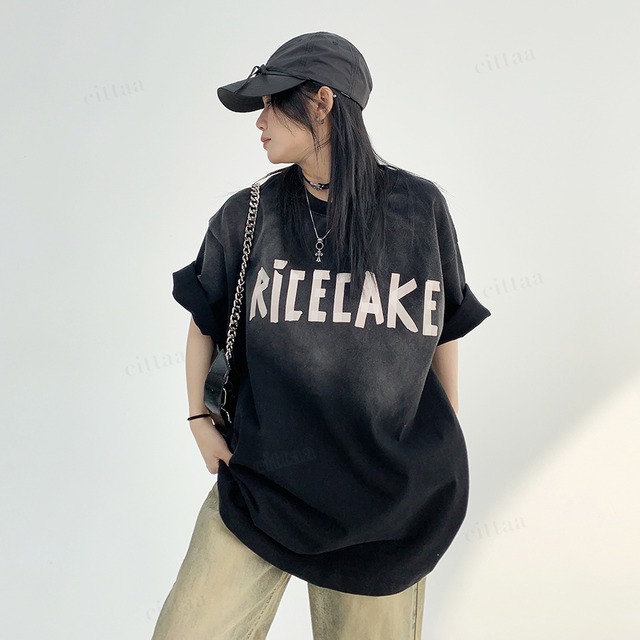 C-335　2025夏秋新作♡RICECAKE手書き風ロゴ半袖ヴィンテージTシャツ　ブラック　0808