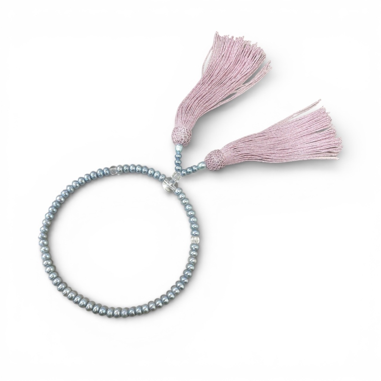 【現品1品限り・送料無料】淡水真珠数珠 ブルー調整色（4.5〜5.5mm） ピンク房仕立て｜数珠入れ付き｜念珠