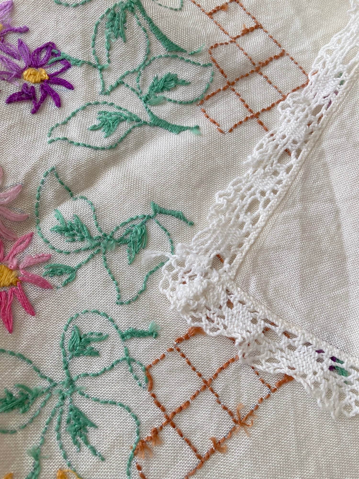ヴィンテージ 生成り ハンドステッチ 刺繍 正方形 テーブルクロス