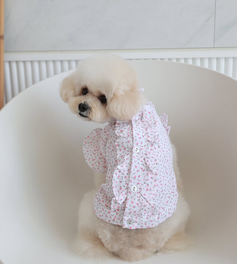 luv flower frill blouses S ~ XL 2color / ドッグウェア 犬服 フリル袖 ブラウス 袖なし 可愛い 犬の服 春夏 新作 花柄 シャツ おしゃれ top160