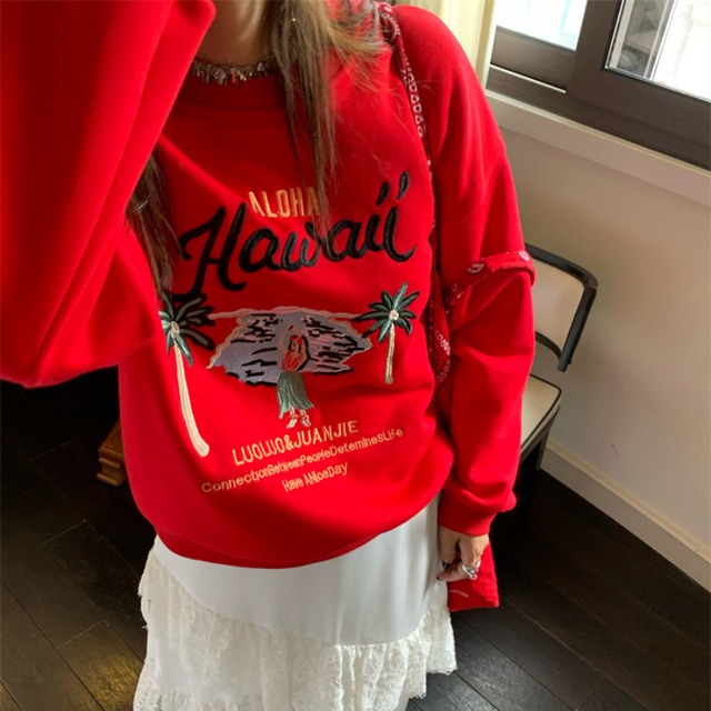 hawaiian motif embroidered crew neck sweatshirt J00059