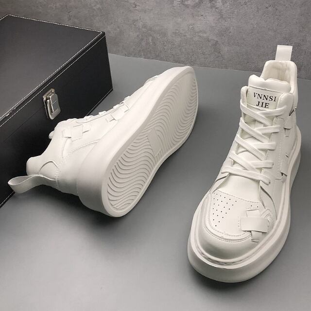 予約販売】スニーカー ハイカット 厚底 クロス レザー 靴 白 黒