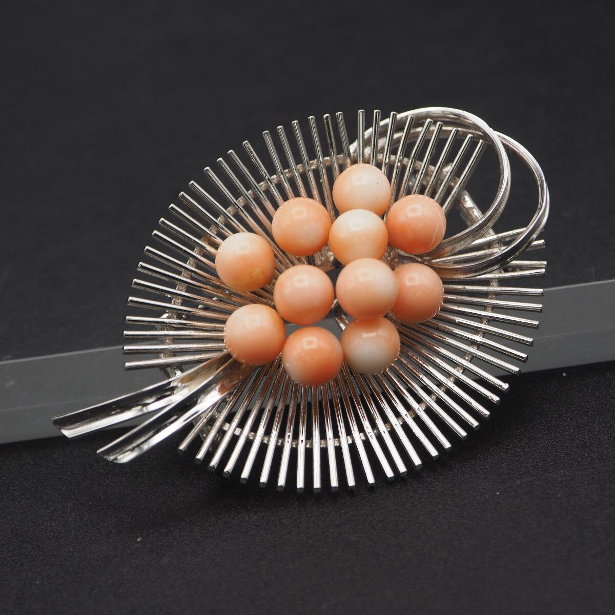S324 珊瑚 6mm11珠 サンゴ STERLING刻印 2way ブローチ 帯留め 