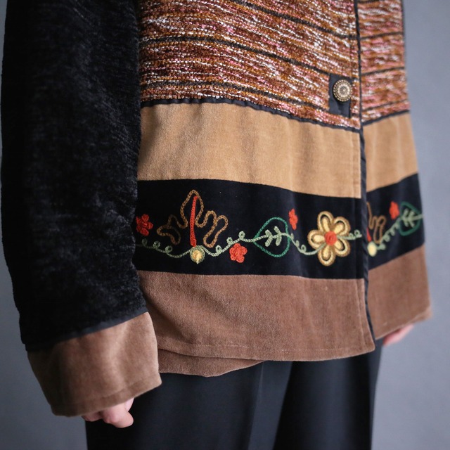 "刺繍" flower embroidery  fake-suede collar pile fabric box silhouette jacket