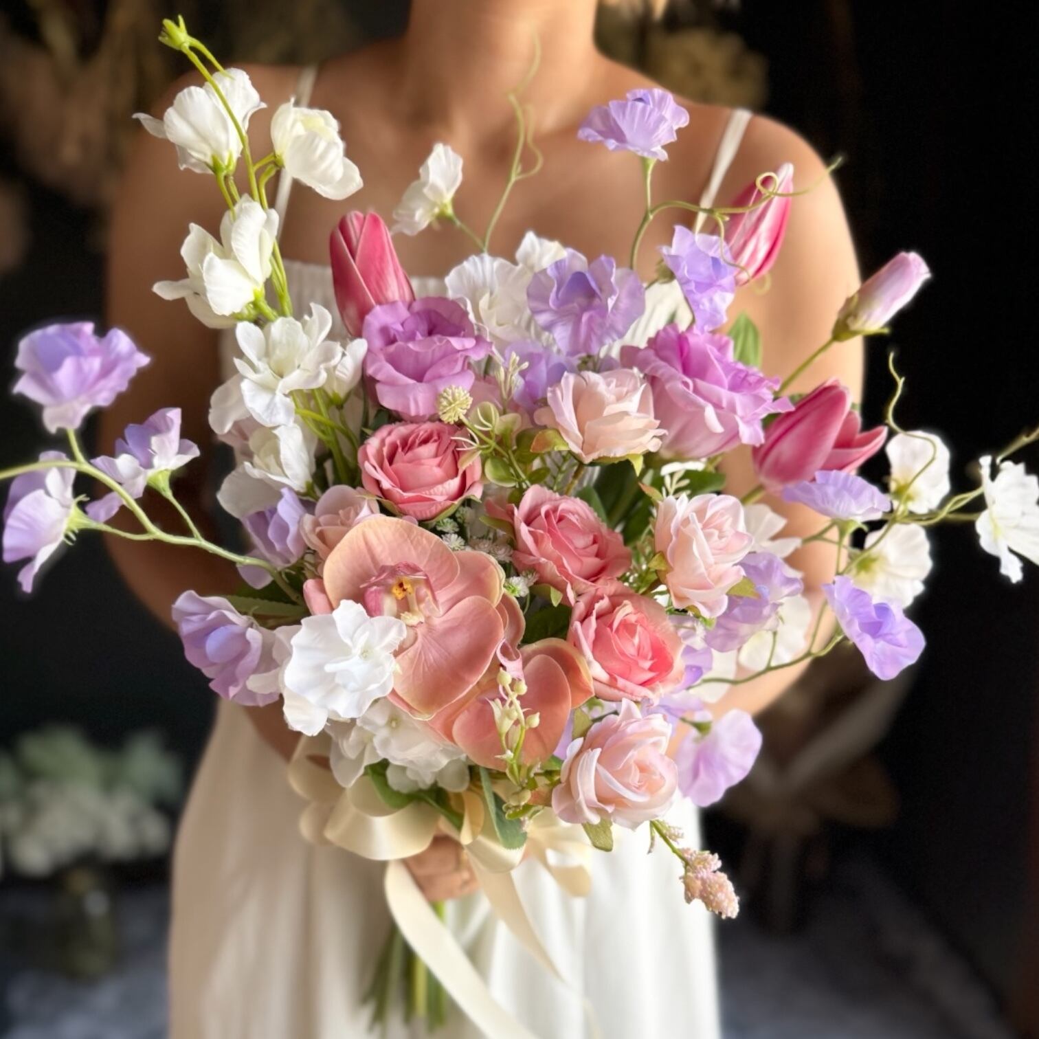 可愛いピンクチューリップ×スイートピークラッチブーケ☆ブートニア 可愛いピンクチューリップ×スイートピークラッチブーケ☆ブートニア