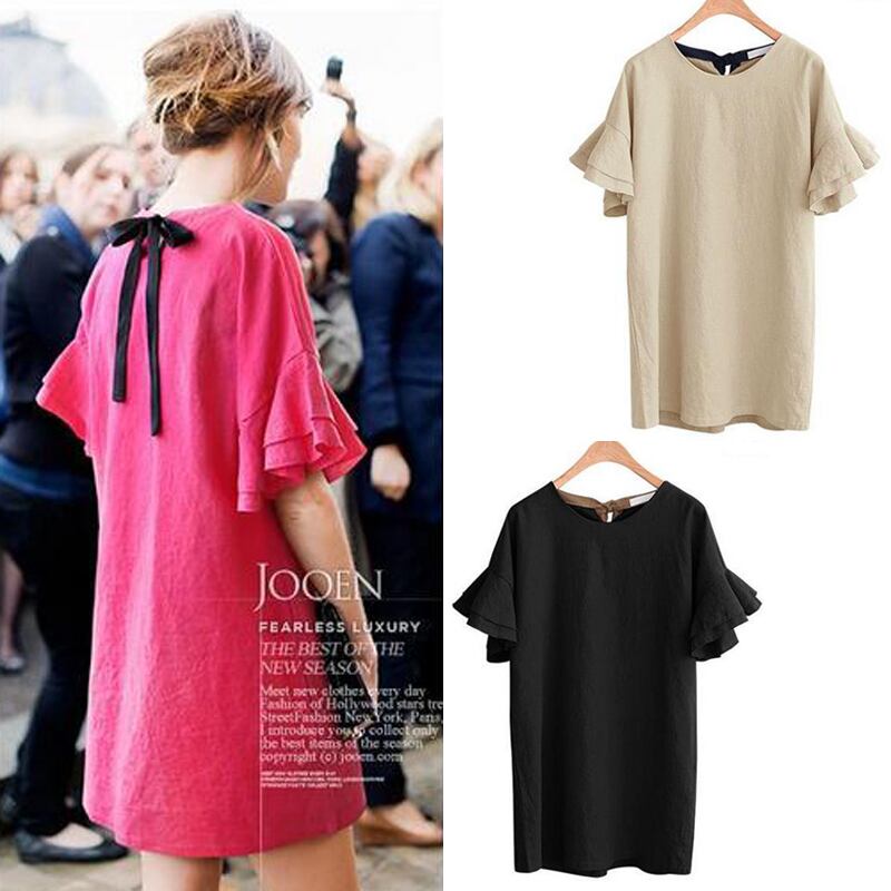 五分袖 フリル バックリボン 無地 ワンピース