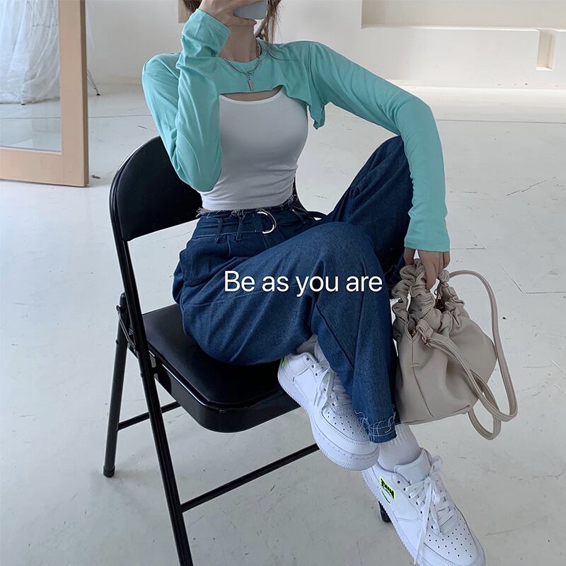 小さなショールハイウエストタイトフィットグリーンTシャツ女性初秋の自己栽培痩身日焼け止め長袖アウターウェアショートトップインタイド ブラックストロベリース34736743803