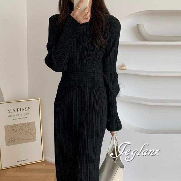 プリーツ ロング丈 ワンピース タイト ロングスリーブ 細見え ♪(M4599)γα