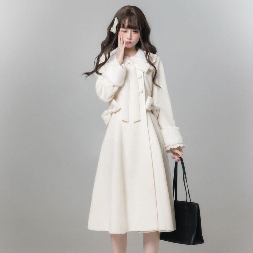 地雷系　量産型　服　まとめ売り　姫系　レディース服　コート　バッグ　セットアップ 量産型 ロングコート リボン×ファー×フリル 姫系 参戦服向け｜WithU
