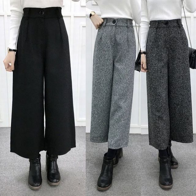 レディース 秋 冬 ハイウエスト ワイドレッグパンツ ガウチョパンツ / Women High West Wool Wide Leg Pants Point Ursan Loose Wild Casual Pants (DCT-560822405663)