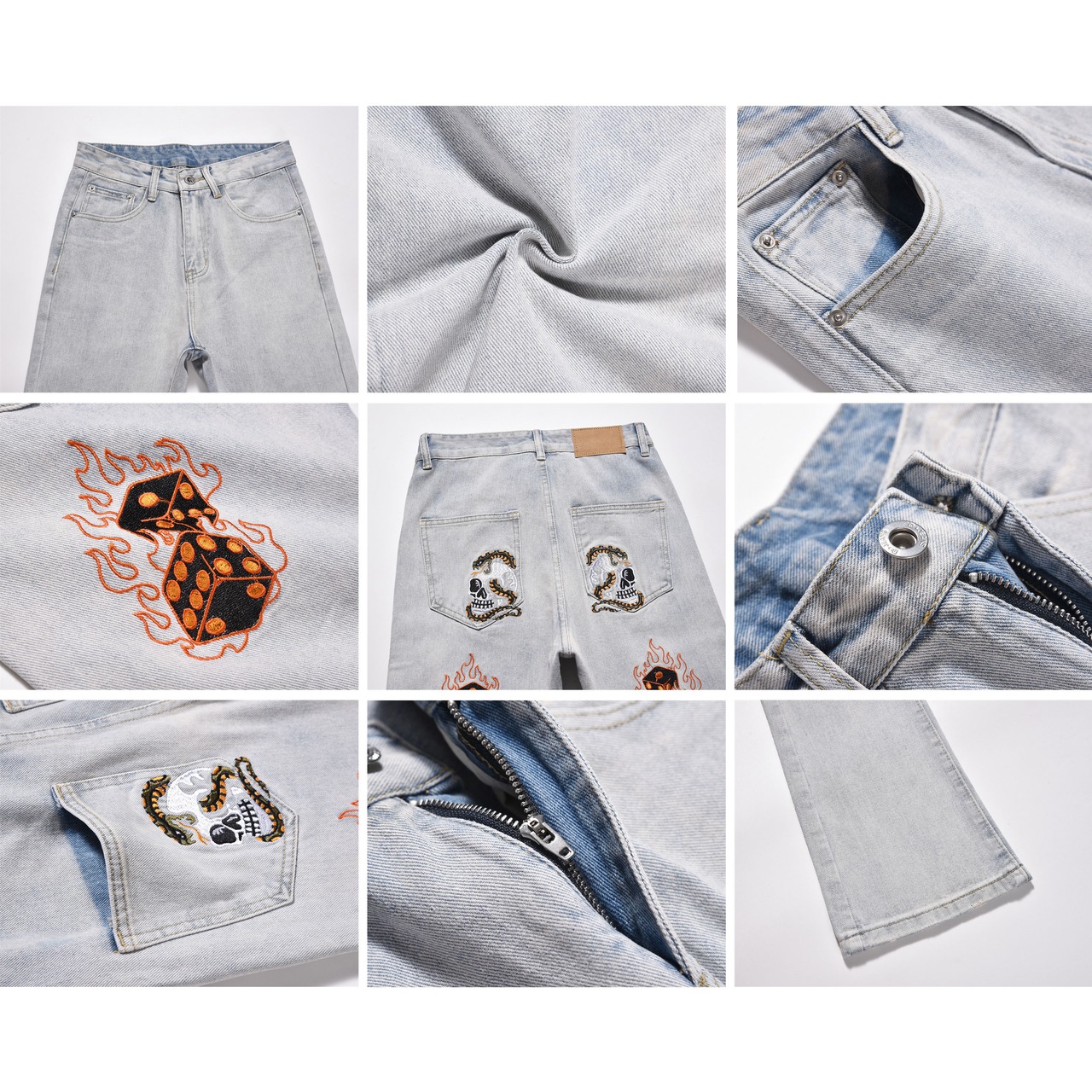 ストリート 骸骨と炎 刺繍 デニムパンツ P174