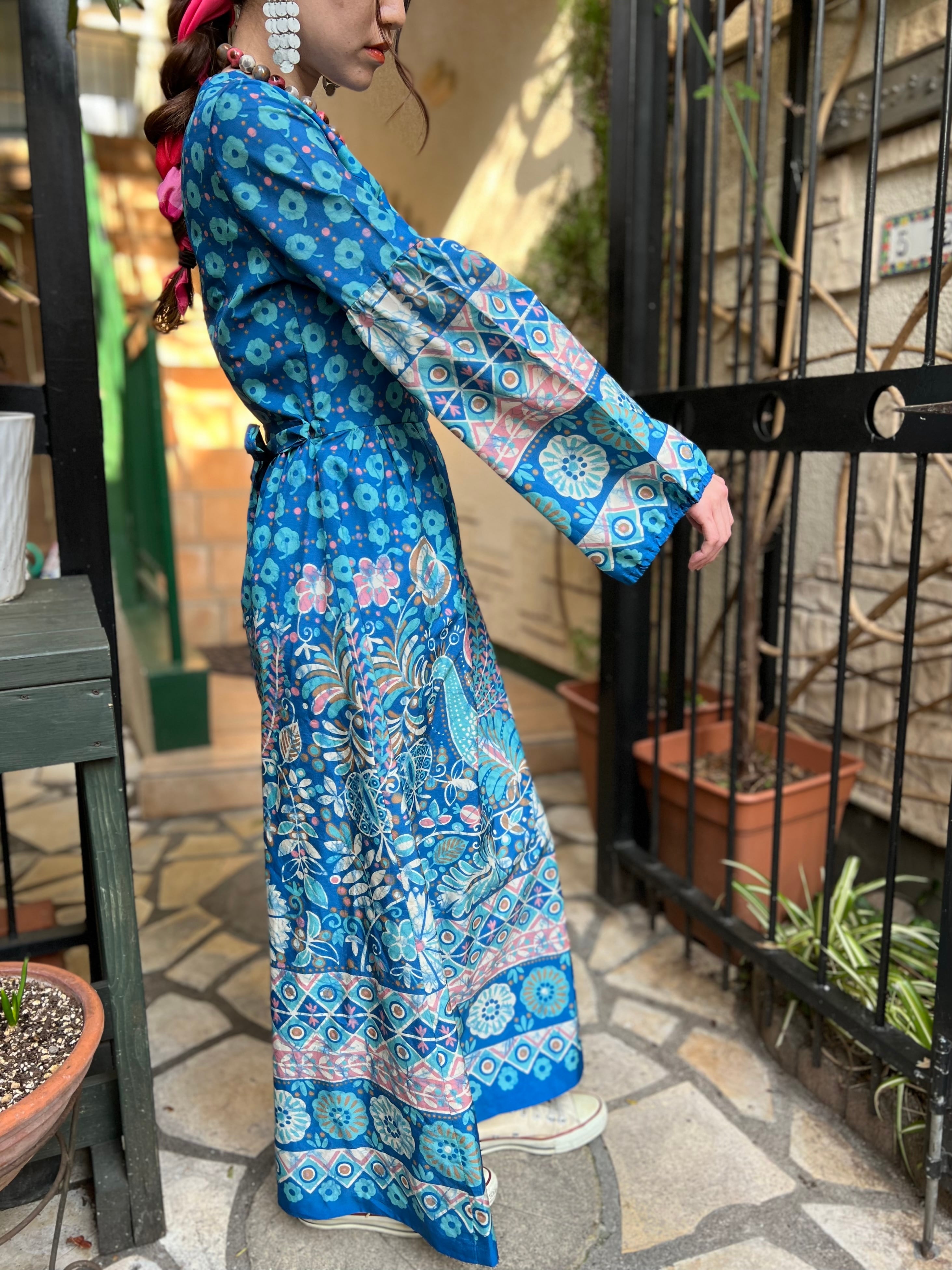 70s blue × peacock × floral long dress ( ヴィンテージ ブルー × 花 