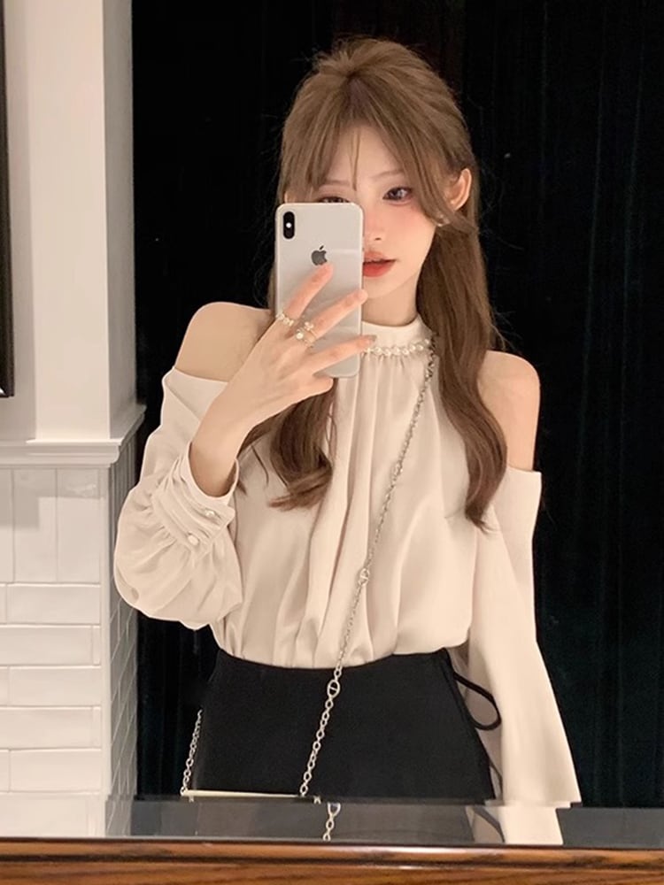 トップス シャツ ブラウス 長袖 オフショルダー ホルターネック 大人